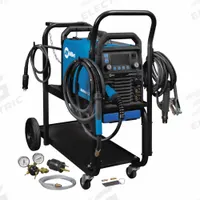 MILLER ELECTRIC Multiprocess Welder: Multimatic 215 PRO, DC, MIG/Stick Pack w/Running Gear (MPN 951000074). Key specifications — Maximum Amperage (Stick): 200 A; Maximum Amperage (TIG): 210 A; Input Voltage (Nominal) (Merch - Table Column, Filters): 120V.