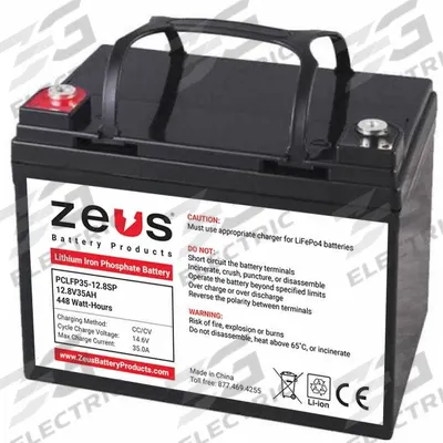 ZEUS BATTERY PRODUCTS Rechargeable Batteries: 12.8V DC, 35 Ah Capacity, 7.64 in Ht, 5.2 in Wd - Lithium Iron Phosphate (LiFePO4) Sealed Batteries