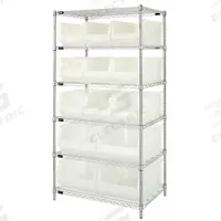 QUANTUM STORAGE SYSTEMS Bin Shelving: 36 in x 24 in x 74 in, 1 Sided, 13 Bins, Open, Clear (MPN WR6-953954CL). Key specifications — Includes Bins: Yes; Bin Material: Polypropylene; Frame Color: Silver; Bin HxWxD: (9) 10 in x 11 in x 23-7/8 in; Frame Material: Steel; Bin Color: Clear; Bin Style: Hang and Stack; Brand: QUANTUM STORAGE SYSTEMS.