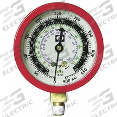 JB INDUSTRIES High Side Gauge: High Side Gauge, 0 psi to 500 psi, Liquid Filled, 3 1/8 in Dia, Red (MPN M2-875). Key specifications — Brand: JB INDUSTRIES; Accuracy: ± 1%; Color: Red; Calibration Certificate Type: Not Certified; For Refrigerant Type: R-502.