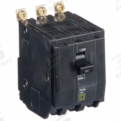 SQUARE D Miniature Circuit Breaker: 60 A, 120/240V AC, Three Phase, 10kA at 120/240V AC, 3 Poles (MPN QOB360). Key specifications — Phase: Three; Amps: 60 A; AC Voltage Rating: 120/240V AC; Max. AIR Rating: 10kA at 120/240V AC; For Use With: Square D NQOD Panelboards; Brand: SQUARE D.