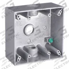 BELL Electrical Box: Aluminum, Square, 2 Gangs, 1/2 in Hub Size, 32 cu in Capacity, Gray (MPN 5333-0). Key specifications — Color: Gray; Brand: BELL.