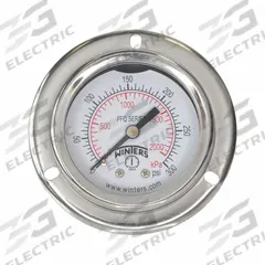 WINTERS Panel-Mount Pressure Gauge: Front Flange, 0 psi to 300 psi, 2 in Dial, 1/8 in NPT Male, PFQ (MPN PFQ2440-DRY-2FF). Key specifications — Accuracy: ±2.5%; Brand: WINTERS; Vibration Resistance Properties: Field-Fillable; Gauge Wetted Parts: Brass / Bronze.