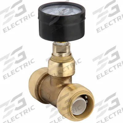 SHARKBITE Pressure Gauge: Tee, 3/4 in OD x 3/4 in OD Size, Push-to-Connect x Push-to-Connect - Standard Brass Push-to-Connect Tube Fittings