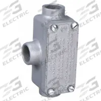 Conduit Outlet Body: Iron, Triple Coat Epoxy Coating, 3/4 in Trade Size, T Body, Threaded (MPN ERT75). Key specifications — Compatible Conduit Trade Size: 3/4 in; Thread Gender: Female; Hub Style: Threaded; Cover Included: Yes; Body Style: T; Connection Type: Threaded; Back Type: Flat; Hazardous Location: Yes.