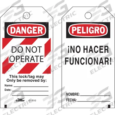 CONDOR Lockout Tag: Danger, Danger Do Not Operate, Polyester, Date/Fecha/Name/Nombre - Safety