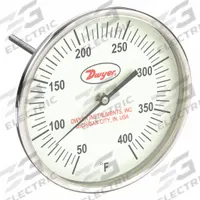 DWYER Glow-in-the-Dark Dial Thermometer: 50°F to 400°F, +/- 1% Accuracy, 5 in Dial Dia, Male (MPN GBTA525121). Key specifications — attr1275048: +/- 1%; attr1275052: DWYER.
