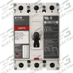 EATON Molded Case Circuit Breaker: 15 A Amps, 65kA at 600V AC, Fixed, ABC, Line/Load Lug, Std, HMCP (MPN HMCPS015E0C). Key specifications — Series: HMCP; Max. AIR Rating: 65kA at 600V AC; Instantaneous Trip: Fixed; Phase Connection: ABC; Terminal Connection: Line/Load Lug; Frame Size: 250A/J.