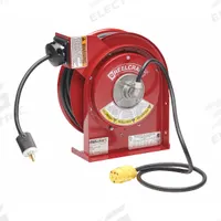 REELCRAFT Extension Cord Reel: Ratchet Lock, 50 ft Cord Lg, 16 AWG, SJTOW, 5-15P Cord Lg, 5-15R, Red (MPN L 4050 163 3-RP). Key specifications — Retractable Cord Ending NEMA Configuration: 5-15P; Feeder Cord Ending NEMA Configuration: 5-15R; Brand: REELCRAFT.