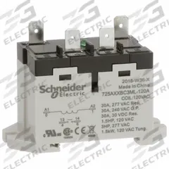 SCHNEIDER Enclosed Power Relay: DIN-Rail & Surface Mounted, 30 A Current Rating, 120V AC, SPST-NO (MPN 725AXXBC3ML-120A). Key specifications — attr211321: SCHNEIDER; attr864602: DIN Rail & Top Flange; attr864634: Quick-Connect; attr864642: 725AXXBC3ML-120A; attr869492: 30 A at 240V AC (General Purpose); attr934629: Harmony™ 725 Power Series.