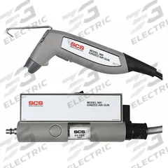 SCS Ionizing Air Gun: 20 psi to 65 psi, 70 dBA Sound Level, 8 in Nozzle Lg, 1/4 in NPT Male (MPN 980E). Key specifications — attr67312: S-Hook; attr67302: 1/4 in NPT Male; attr67293: SCS.