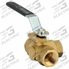 BONOMI Manual Three-Way Ball Valve: 1 in, Brass, L Flow, FNPT x FNPT x FNPT, Std Port Ball Port (MPN 365N-1"). Key specifications — Brand: BONOMI; Handle: Lever.