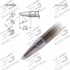HAKKO Soldering Tip: T39 Series, Bevel, 3.5 mm W, 11.5 mm Lg (MPN T39-BC2535). Key specifications — Brand: HAKKO; Compatible Handpiece Manufacturer Model Number: FX-9702; Manufacturer Part Number: T39-BC2535.