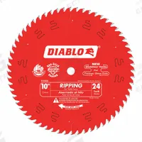DIABLO Circular Saw Blade: 10 in Blade Dia., 24 Teeth, 0.1 in Cut Wd, 5/8 in Arbor Size, Ripping (MPN D1024X). Key specifications — attr1116119: DIABLO; attr1145631: Plywood.