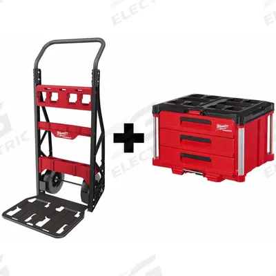 MILWAUKEE PACKOUT Cart and Tool Box: Polymer, Black/Red - PACKOUT Rolling Tool Box Sets
