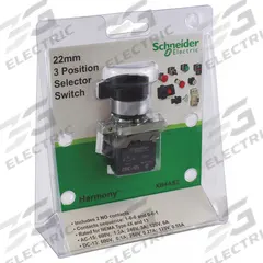 SCHNEIDER Selector Switch: 22 mm Panel Mounting Size, 3 Positions, Extended Lever, 2NO, Metallic (MPN XB4AS2). Key specifications — AC Contact Rating: 6 A @ 120 V; Action: Maintained/Maintained; Cam: No Cam Included; DC Contact Rating: 0.1 A @ 600 V; Hazardous Location Specification: Not Rated; Operator Head Material: Plastic; Operator Head Type: Long-Handled Knob; Operator Illumination: Non-Illuminated.