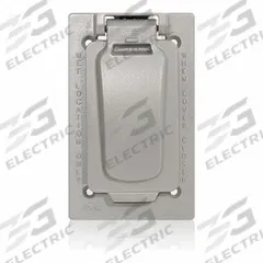 LEVITON Weatherproof Cover: Aluminum, Decora/FS/GFCI, 1 Gangs, 4 11/16 in Overall Ht, 3R, Gray (MPN WM1VF-GY). Key specifications — Brand: LEVITON; Color: Gray; Compatible with Product Type: Die-Cast Metallic Enclosures; Compatible with Series: GFCI; Mounting Orientation: Horizontal.