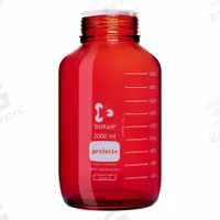DURAN Narrow Mouth Round Glass Bottles - Safety Coated: 2 L, 80 mm, Amber, 6 Bottles (MPN 218666383). Key specifications — Brand: DURAN; Graduated: Yes; Pre-Cleaned: None; Body Color: Amber; Screw Closure Size: 80 mm.