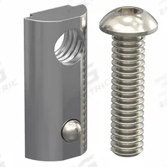 Drop In T-Nut: M8 Size, 16 mm Thread Lg, Button Head Socket Cap, For 8.2 mm Slot Wd, Steel, 6 PK (MPN 15MFA3923). Key specifications — Fastener Type: T-Nut; Fastener Head Type: Button Head Socket Cap; Material: Steel; Finish: Black Zinc-Plated; T-Slot Fastener Type: Drop-In T-Nut with Alignment Ball; Threaded Hole Location: Single Offset; Compatible Series: Faztek, 15 Series, Faztek, 40 Series; System of Measurement: Metric.