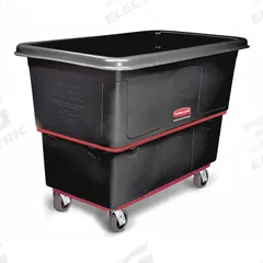 RUBBERMAID COMMERCIAL PRODUCTS Cube Truck: 27 cu ft, 1,200 lb, 59 in L x 34 in W x 42 7/8 in H, Std (MPN FG472700BLA). Key specifications — Manufacturer Part Number: FG472700BLA; Brand: RUBBERMAID COMMERCIAL PRODUCTS; Caster/Wheel Configuration: (4) Swivel; Color: Black.