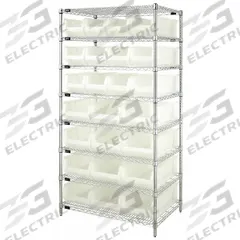QUANTUM STORAGE SYSTEMS Bin Shelving: 36 in x 24 in x 74 in, 1 Sided, 24 Bins, Open, Clear (MPN WR8-950952CL). Key specifications — Includes Bins: Yes; Bin Material: Polypropylene; Frame Color: Silver; Bin HxWxD: (12) 7 in x 11 in x 23-7/8 in; Frame Material: Steel; Bin Color: Clear; Bin Style: Hang and Stack; Brand: QUANTUM STORAGE SYSTEMS.