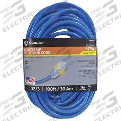 SOUTHWIRE Extension Cord: Outdoor Use, 100 ft Lg, Outlet, 5-15P, 12/3, SJTW, Blue, Single Connector (MPN 2569SW0006). Key specifications — Brand: SOUTHWIRE; Temperature Rating: -58° to 140°F; NEMA Plug Configuration: 5-15P.