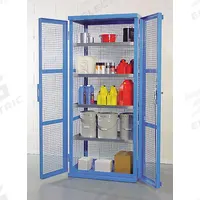 DENIOS Enclosed Containment Shelves: 38 in x 28 in x 87 in, 4 Adj Shelves, Frame, Blue, Blue (MPN K32-3517). Key specifications — Brand: DENIOS; Body Panel Type: Ventilated; Base Type: Frame; Cabinet Color: Blue; Frame Assembled: Assembled.