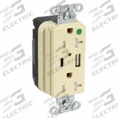 USB Receptacle: Duplex, 5-20R, 2 USB Ports, USB Type A/C, Ivory, 125V AC, 20 A (MPN SNAP8300UACI). Key specifications — Brand: HUBBELL.