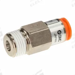 SMC Pneumatic Check Valve: Male Connector, NBR, Aluminum Alloy (Valve)/PBT (Body)/Spacer (Brass) (MPN AKH13A-N04S). Key specifications — attr291949: 1/2 in NPT; attr291950: 1/2 in Tubing; attr291957: NBR, Aluminum Alloy (Valve); PBT (Body); Spacer (Brass); attr294749: SMC.