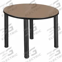 KEE Cafe/Breakroom Table: Laminate, Oak, 29 in Overall Ht - Max, Circle, Black, 1 in Tabletop Thick (MPN TB42RNDNOBPBK). Key specifications — Brand: KEE; Frame Color: Black; Frame Material: Metal; Edge Color: Black; Tabletop Color: Oak; Tabletop Shape: Circle; Tabletop Structural Material: Laminate; Tabletop Surface Material: Laminate.