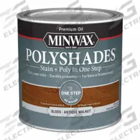 MINWAX Wood Stain: Wood Stain and Sealer, Interior, Oil, 0.5 pt Container Size, Wood, Gloss, 1 Step (MPN 214404444). Key specifications — Brand: MINWAX; Transparency: Semi-Transparent; Use Location: Interior; Sheen: Gloss; Sub-Brand: PolyShades; Color: Antique Walnut.