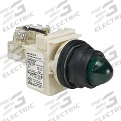 SCHNEIDER ELECTRIC Pilot Light: 30 mm Panel Mounting Size, Green, LED, 9001SK Series (MPN 9001SKT38LGG9). Key specifications — Series: 9001SK; Brand: SCHNEIDER; Includes Push-To-Test: Push-To-Test Included.