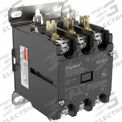 DAYTON Definite Purpose Magnetic Contactor: 3 Poles, 120V AC, 32 A, Non-Reversing (MPN 783Y01). Key specifications — Brand: DAYTON; Coil Voltage: 120V AC; Contactor Style: HVACR Definite Purpose Contactor; Mounting Style: Through Panel; Terminal Connection Type: Box Lugs; Maximum Voltage Rating: 600V AC; Phase: Three; Main Pole Contact Form: 3NO.
