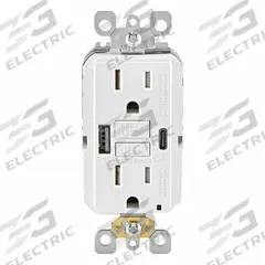 USB Receptacle: Decorator Duplex, 5-15R, USB Type A/C, White, 125V AC, 15 A, GFCI (MPN GUAC1-W). Key specifications — Brand: LEVITON.