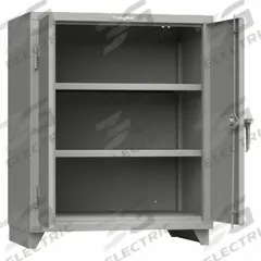 STRONG HOLD Storage Cabinet: 36 in x 24 in x 45 in, Swing Handle & Padlock Hasp, 14 ga Panel Thick (MPN 33.6-242-L). Key specifications — attr62698: Medium Gray; attr62736: Welded; attr87895: Legs; attr62693: Assembled; attr62694: (2) Adjustable; attr62695: Painted; attr62696: Steel; attr62689: STRONG HOLD.