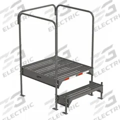 APPROVED VENDOR Work Platform: 1.8 ft Platform Ht - Max, 34.6 in x 39 in, Steel (MPN CW2-21-2-3). Key specifications — Folding: Not Foldable; Mobility: Stationary; Use Location: Indoor; Brand: APPROVED VENDOR; Color: Gray; Exit Direction: Forward; Height Adjustability: Adjustable Height; Includes Handrails: Handrails Included.