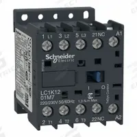 SCHNEIDER Contactor: Non-Reversing, 3 Poles, 3NO Contacts, 12 A, 240V AC Coil (MPN LC1K1201P7). Key specifications — Brand: SCHNEIDER; Integrated Surge Suppression: No.