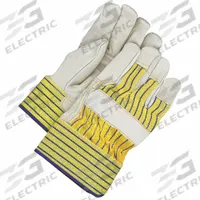 BDG Leather Gloves: Universal, Cowhide, Std, Glove, Full Finger, Leather Palm Leather Coverage, 1 PR (MPN 40-1-1511W). Key specifications — Size- Alpha: Universal; Brand: BDG; Glove Back Color: Beige/Yellow; Glove Back Material: Cotton Canvas; Glove Liner Material: Cotton Fleece; Oil Resistant: No; Reflective Backing: No; Includes Double Palm: No.
