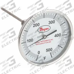 DWYER Glow-in-the-Dark Dial Thermometer: 0°F to 500°F, +/- 1% Accuracy, 5 in Dial Dia, Male (MPN GBTA525161). Key specifications — attr1275048: +/- 1%; attr1275052: DWYER.