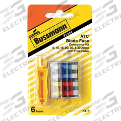 BUSSMANN Fuse Kit: Includes Series ATC, Automotive Fuses, 10 A – 40 A Range, Includes Fuse Puller (MPN BP/ATC-AH8-RPP). Key specifications — Fuse Series Included: ATC; Tool Included: FP-A3 Fuse Puller; Brand: BUSSMANN; Tools Included: Fuse Puller.