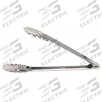 CRESTWARE Uncoated Scalloped Tongs: Stainless Steel Blade, 9 1/2 in Overall Lg, 0.5 mm Gauge, Silver (MPN TNGT10). Key specifications — Color: Silver; Brand: CRESTWARE; Coated Handle: No; NSF Certified: No.