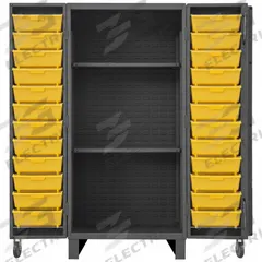 DURHAM MFG Bin Cabinet: 36 in x 36 in 78 in, 2 Shelves, 36 Bins, Yellow, Deep Box, 12 ga Panel, Gray (MPN HDC36-24DC24TB2S95). Key specifications — Bin Color: Yellow; Bin HxWxD: (12) 8 in x 15 in x 7 in; Assembled: Assembled; Cabinet Style: Shelf and Bin; Brand: DURHAM MFG; Cabinet Color: Gray; Cabinet Finish: Powder Coated; Cabinet Material: Steel.
