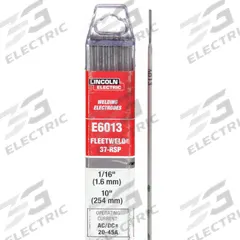 LINCOLN ELECTRIC Stick Electrode: Carbon Steel, E6013, 1/16 in x 10 in, 1.1 lb, Fleetweld 37 (MPN ED029897). Key specifications — Brand: LINCOLN ELECTRIC; Tensile Strength (As Welded): 67 to 75 ksi; Yield Strength (As Welded): 58 to 64 ksi.