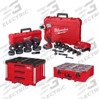 MILWAUKEE Knockout Tool Kit: 18V DC, 4 in Punching Capacity (Steel), For 14 ga Max. Steel Thick (MPN 2677-23, 48-22-8443, 48-22-8432). Key specifications — attr1256918: (1) 3 in Die; attr1256897: 2.0 Ah; attr1303978: 1 Battery, 1 Charger.