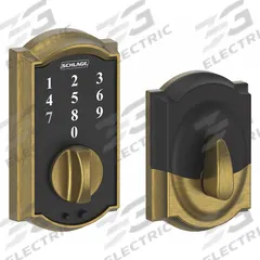 SCHLAGE RESIDENTIAL Electronic Keyless Lock: 1 3/4 in Door Thick - Max, Push Button, Brass (MPN BE375 CAM 609). Key specifications — Power Source: 9V Battery.