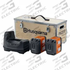 HUSQVARNA Battery Kit: PACE, 8 Ah, 2 Batteries Included, Charger Included, Tabbed, 93.6V DC (MPN 970712201). Key specifications — attr1278107: Not Oil-Resistant.
