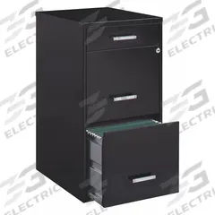 SPACE SOLUTIONS Vertical File Cabinet: Black, 3 Drawers, 27 3/8 in Overall Ht, 18 in Overall Dp (MPN 20990). Key specifications — attr988670: Powder Coated; attr988694: Steel; attr988691: Integrated; attr988652: SPACE SOLUTIONS; attr988656: Black.