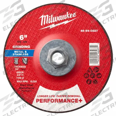 MILWAUKEE Grinding Wheel: Type 27, 6" x 1/4" x 5/8"-11, Zirconia Alumina - High-Performance Grinding Wheels for Carbon & Stainless Steel