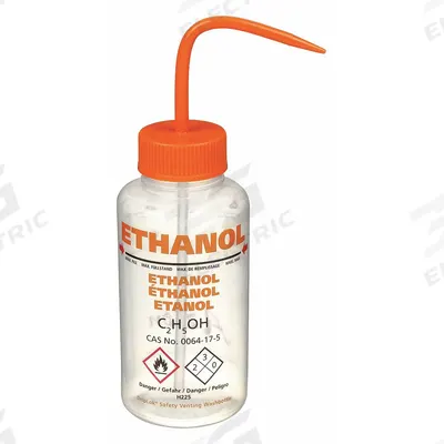 DYNALON Wash Bottle: 500 mL, Ethanol, Orange, Wide, Std Spout Spout, Colorless - Wide Mouthed Standard Spout Wash Bottles