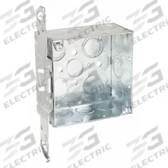 RACO Electrical Box: Steel, Steel - 4" x 4" Square Box Material & Nominal Size, Square, 2 Gangs, TS (MPN 235). Key specifications — Brand: RACO; Bracket Style: Stud Side w/Spurs; Clamp Style: Without Clamps.